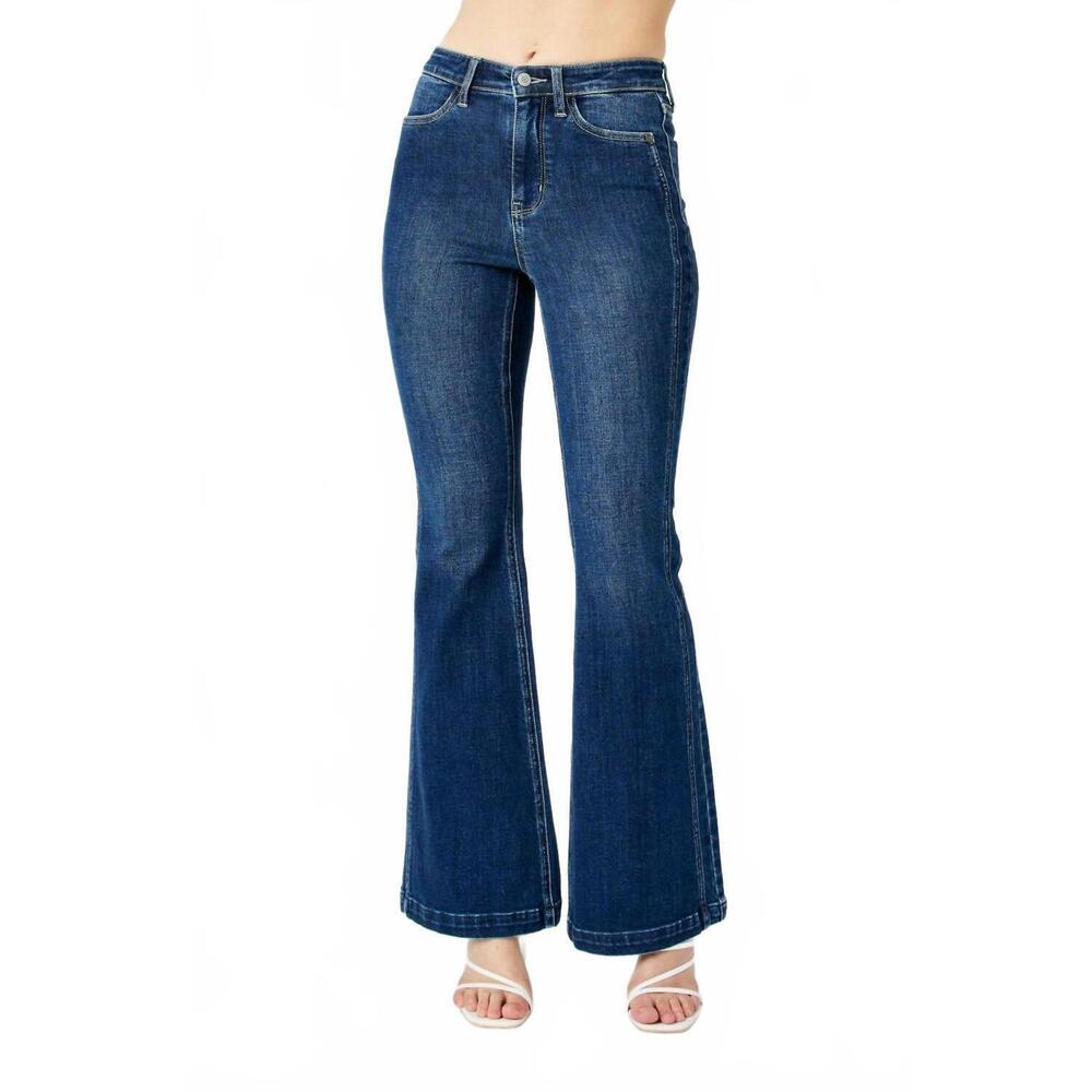 NEW JUDY BLUE high waisted angled side seam detail flare jeans in dark blue